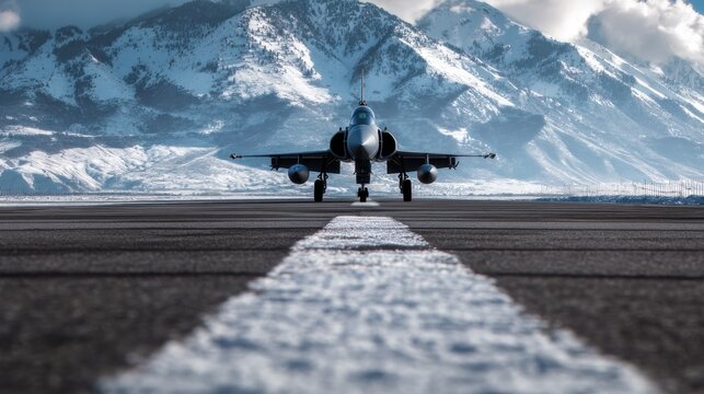 Fighter jet on an runway with snow-capped mountains in the background. Military aircraft concept for defense or aviation theme.