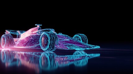 Formula 1 car in wireframe style with reflective surface. Concept of digital technology, racing, and high-performance vehicle design.