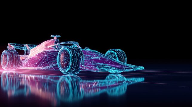 Formula 1 car in wireframe style with reflective surface. Concept of digital technology, racing, and high-performance vehicle design.
