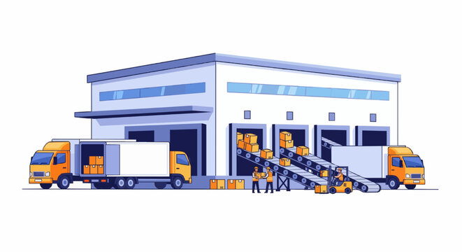 Flat vector illustration of a modern logistics warehouse icon, cartoon style, bright colors, isolated on white background, clean lines, simple design.