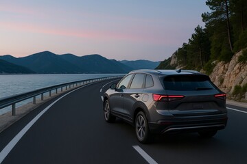 Modern SUV driving on scenic coastal road at sunset, illustrating freedom, lifestyle, and travel concepts through serene nature and motion. Ai generative