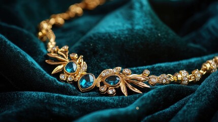 Elegant close-up of a gold necklace with blue gemstones and diamonds resting on dark teal velvet fabric for luxury jewelry advertisement or fashion accessory display