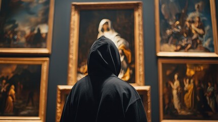 Obraz premium Man in black hoodie standing in art gallery, viewing classical painting. Museum exhibition visit, art appreciation and cultural experience concept.