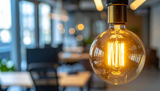 Warm glowing tungsten filament light bulb against backdrop of stylish modern office.