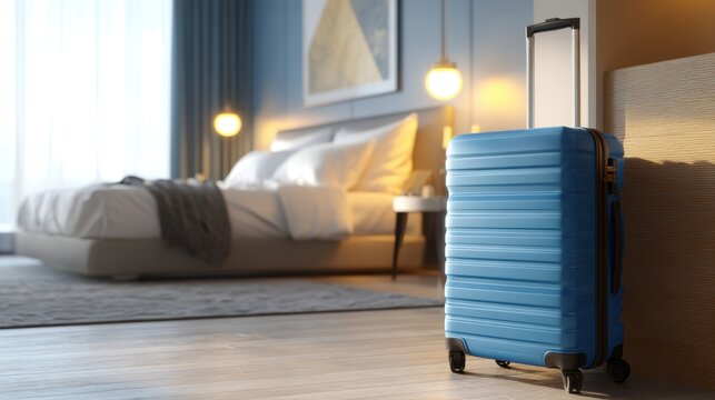 Blue suitcase standing on a wooden floor in a modern hotel bedroom. Travel and vacation concept for holiday accommodation.