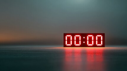 Digital clock showing zero hour and zero minute, 00:00. Time passing and new beginning concept. Minimalist representation of deadline or midnight.