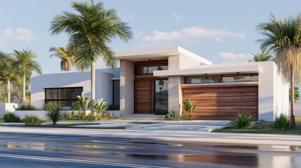 Modern luxury house with sleek architecture and a wooden garage door. Residential building design surrounded by green palm trees. Real estate property concept.