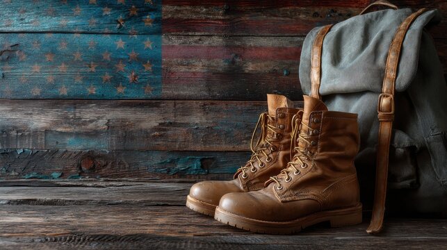 Brown combat boots and military backpack on rustic wooden background with American flag. Veteran day celebration and patriotic concept for card.