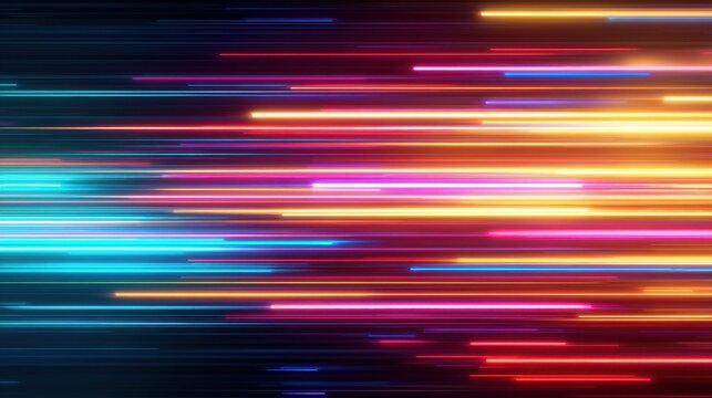 Colorful abstract background of horizontal glowing neon light lines. Data stream or fast speed motion concept for technology design.