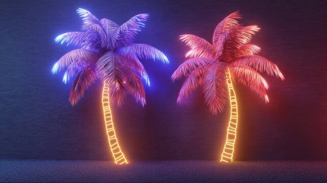 Two neon glowing palm trees on dark background. Vibrant retro 80s synthwave style for tropical party, summer, vacation or digital billboard.