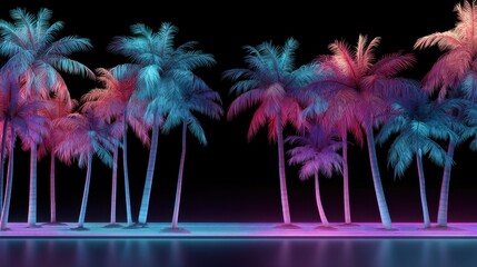 Palm trees illuminated by vibrant blue and pink neon lights on a flat surface, creating an aesthetic retrofuturistic scene. Digital 3D art for party backdrop.