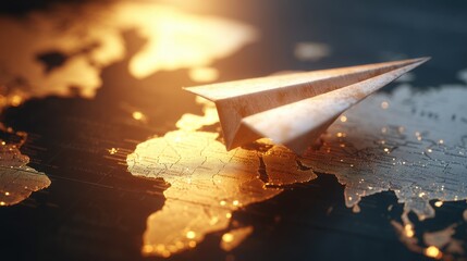 Paper airplane flying over a map of the world, illuminated cities. Global travel, communication and business connection concept. International logistics.