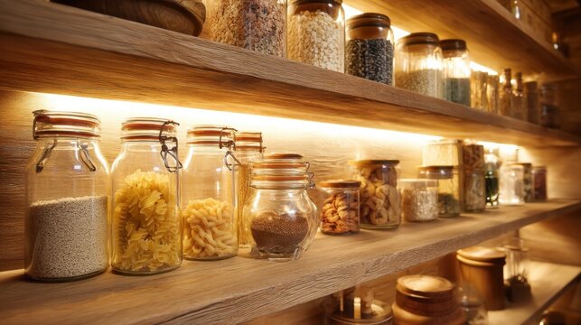 Pantry shelving with glass jars filled with various dry ingredients like pasta, grains, and spices for kitchen organization and food storage.