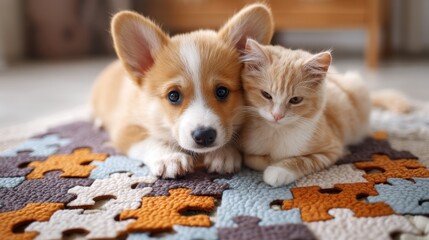 Cute puppy and kitten lying together on a colorful puzzle mat. Friend, companion, pet, animal, domestic, adoption, rescue, veterinary, pet shop, home.