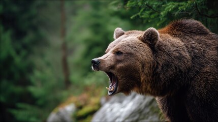 Adult brown bear with open mouth showing teeth, side profile portrait. Wild animal habitat. Nature conservation and wildlife protection concept.