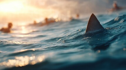 Fototapeta premium Shark fin emerges menacingly from ocean water with blurred people in background, symbolizing danger and fear in nature and wild life.