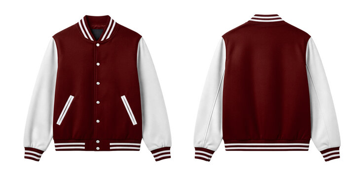 Dark Red and White Varsity Baseball Jacket Front and Back View Isolated on White Background