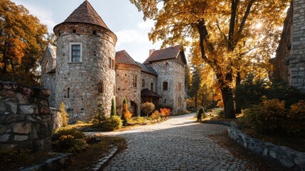 Old stone castle with circular tower and autumn trees. Majestic medieval architecture in fall season. Enchanting woodland estate for travel poster.