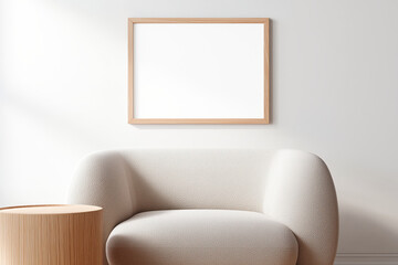 Blank wooden frame mockup hanging above a cozy boucle armchair with a round side table in a sunlit modern interior—ideal for showcasing artwork, poster designs