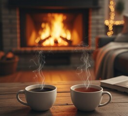 two hot cups of coffee or tea infront of blurred warm fireplace in livingroom