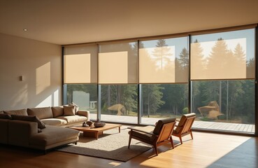 Modern living room features large roller shades providing solar, blackout control. Automatic window coverings offer light management within luxurious interior space. Natural sunlight streams through