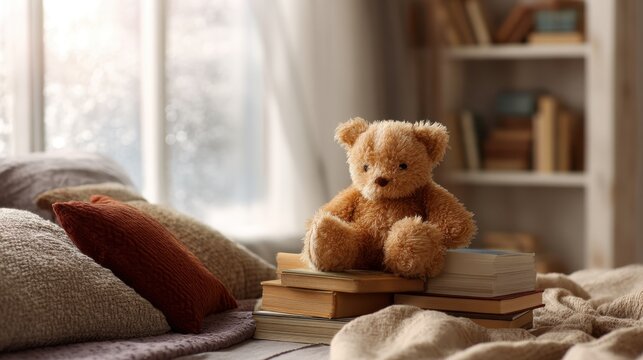 Brown teddy bear sitting on stacked books in a cozy room with window light. Child toy and education concept for nursery and childhood.