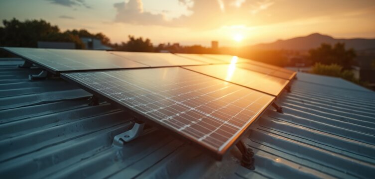 Solar panels installed on a corrugated metal roof absorb suns rays at sunset. Generating clean energy for a sustainable future. Modern eco tech for electricity. - Powered by Adobe