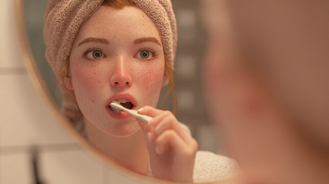 A woman brushing her teeth in the mirror, part of a daily routine