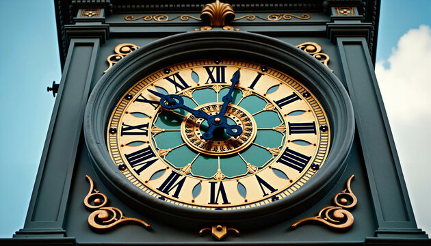 Close-up of an ornate antique clock tower with intricate gold and blue details