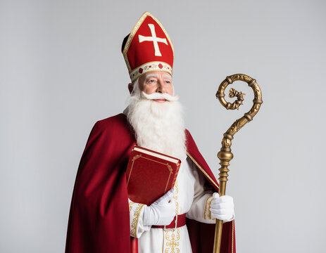 Postać Świętego Mikołaja biskupa z czerwoną mitrą na głowie, w czerwonym płaszczu, pastorałem w ręku i księgą w ręce