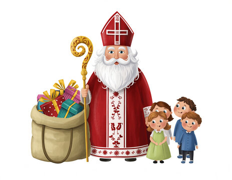  Święty Mikołaj biskup w z czerwonej mitrze i w czerwonym  płaszczu z pastorałem w ręku. Obok worek z prezentami dla dzieci. Ilustracja, grafika