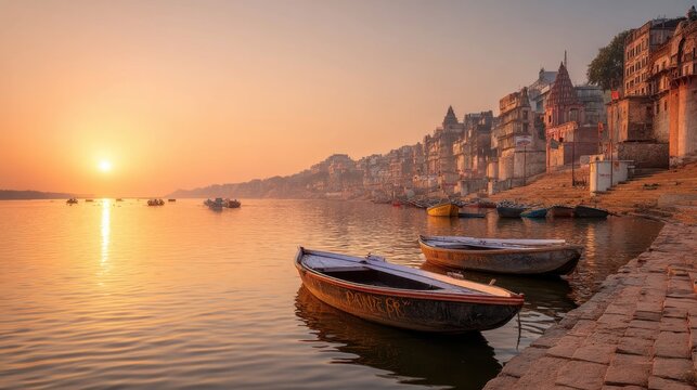Ganges river at sunrise with historic ghats and traditional boats. Spiritual travel and ancient architecture in India for documentary.