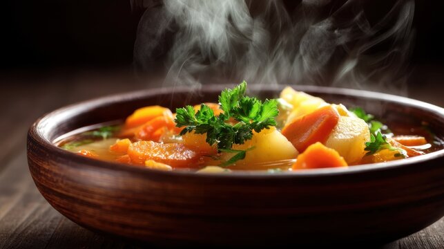 Hot vegetable soup with steam in a rustic wood bowl on dark background. Healthy comfort food for cold weather.