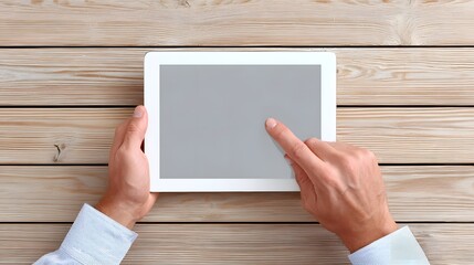 Close up view of a person s hands holding and touching a white tablet its screen blank resting on a textured wooden background