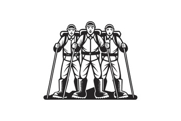 Three monochrome hikers ascend together wearing hats and carrying trekking poles and backpacks in formation