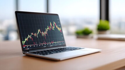 A close up view of a laptop screen displaying a detailed financial market graph placed on a wooden desk in a blurred office environment representing business and investment analysis
