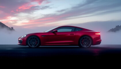 A red, sports, luxury car against a dark, foggy background