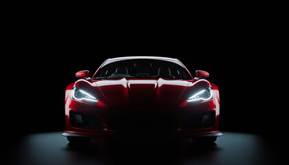 Piękny, czerwony, sportowy samochód z włączonymi światłami na czarnym tle