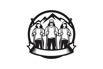 Three people are ready to climb the mountain with the help of their sticks