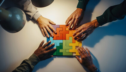 Diverse team of colleagues working together, connecting colorful puzzle pieces on a tabletop. This collaborative effort represents business strategy, synergy, and solutions