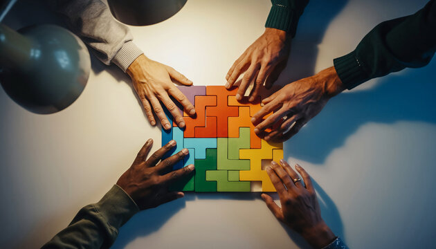 Diverse team of colleagues working together, connecting colorful puzzle pieces on a tabletop. This collaborative effort represents business strategy, synergy, and solutions - Powered by Adobe