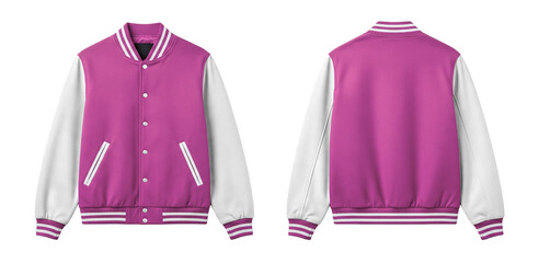Soft Pink and White Varsity Baseball Jacket Front and Back View Isolated on White Background