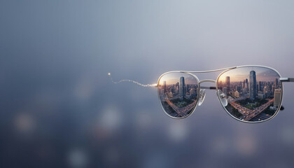 Sunglasses reflecting a modern city skyline at sunset, a concept of urban vision and future perspective. The background is a beautiful blurred cityscape with soft bokeh lights