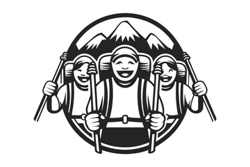 Three smiling hikers ascend a mountain, sporting backpacks and trekking poles, with a blackandwhite aesthetic