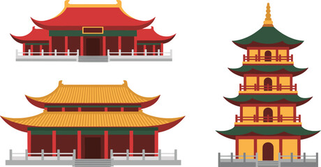 Traditional east asian architecture featuring pagoda and temples with ornate roofs