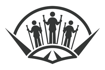 Three stylized figures with trekking poles are set in a simple fan motif
