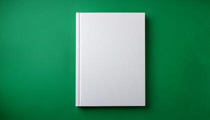 A realistic mockup of a blank white book cover placed against a smooth green background. Ideal for e-book marketing, design templates, or showcasing book cover designs with a minimalist style.