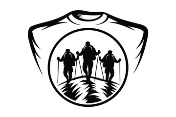 Tshirt features hikers with backpacks and trekking poles ascending a mountain in monochromatic graphics