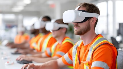 Professionals engage in immersive virtual reality simulations utilizing VR headsets and high visibility vests for advanced workplace development