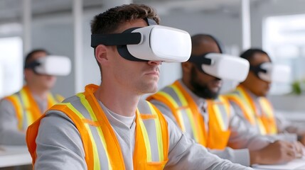 Immersive virtual reality training for industry professionals utilizing VR headsets and high visibility safety vests to advance skills and knowledge in a modern learning environment